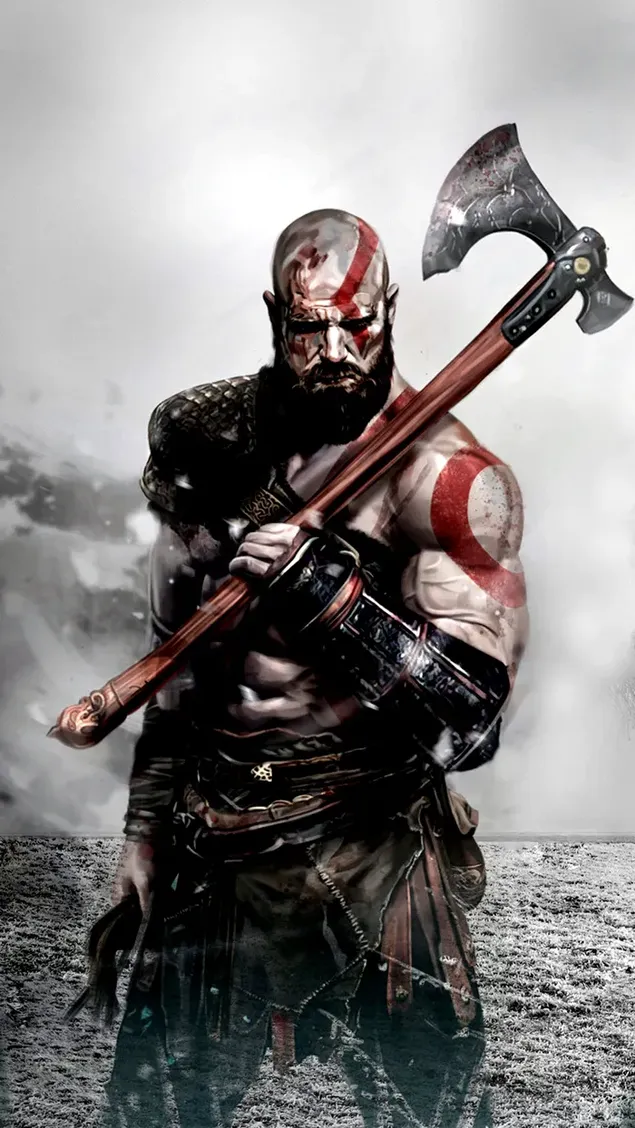 Nhân vật chính có râu của loạt trò chơi điện tử God of War mặc một bộ đồ chiến đấu và cầm một chiếc rìu trên tay. tải xuống