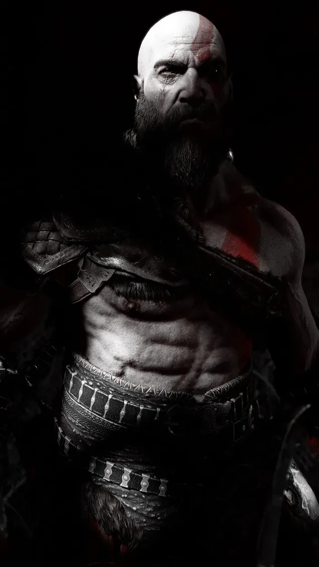 El protagonista barbudo de la serie de videojuegos God of War se encuentra sobre un fondo negro y sombreado. 2K fondo de pantalla