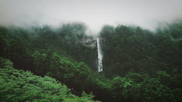 De schoonheid van de waterval die door de wolken over de bergen stroomt