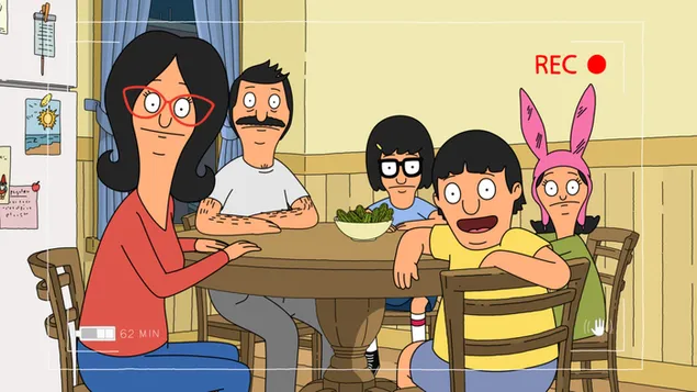 The Bobs Burgers animated movie characters parents and children at home at dinner table