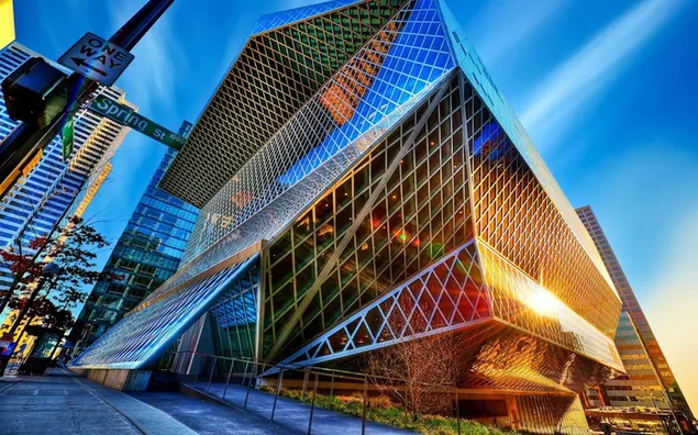 The building where colorful lights are reflected with its magnificent design
