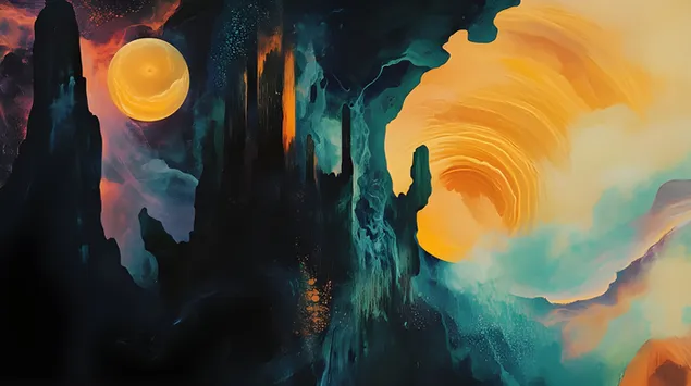 Ugunīgo nokrāsu un rāmo straumju valdzinošā deja abstraktajā mākslā 2K fona tapete