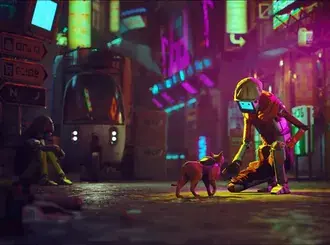 The cat in the video game Stray roams the lighted streets with cars and robots at night 2K wallpaper