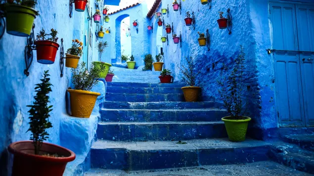 La ciutat de chefchaouen al Marroc amb els seus carrers i cases blaves baixada