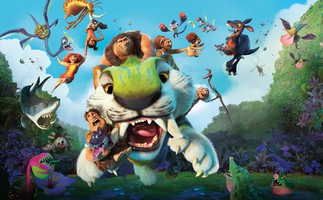 The croods animated movie's colorful characters are fun together 8K wallpaper download The croods animated movie's colorful characters are fun together 8K wallpaper download