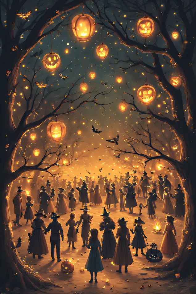 the enchanted costume soiree - fairies, elves, and mortals in glowing halloween attire celebrate under floating lanterns in a magical forest glade. download