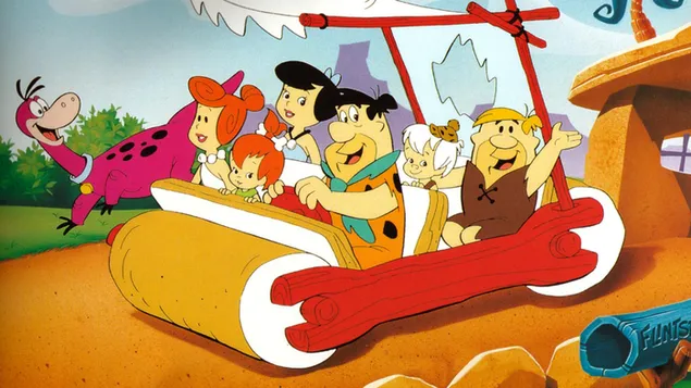 Keluarga kartun Flintstones bersama-sama di dalam kereta HD kertas dinding