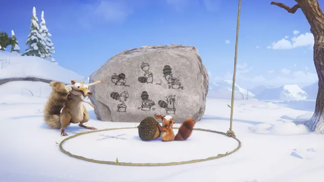 La desventurada ardilla scrat le cuenta el plan a la roca para otro plan de aventuras 2K fondo de pantalla