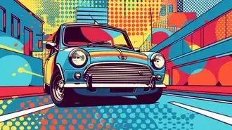 Tapeta Ikonický Mini Cooper: Klasické auto s nesrovnatelným britským šarmem a elegancí s pop-artovým pozadím 8K