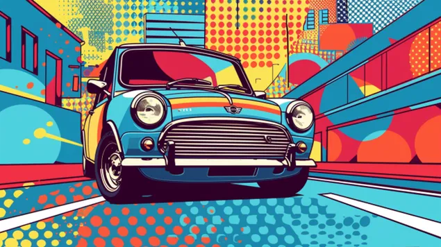 Ikonski Mini Cooper: Klasičan automobil s neusporedivim britanskim šarmom i elegancijom s pop art pozadinom 8K pozadina