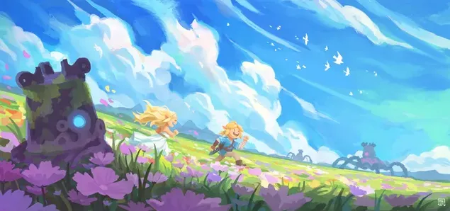 La llegenda de zelda dibuix d'anime del videojoc de personatges en un paisatge ennuvolat, florit i herbós 4K fons de pantalla