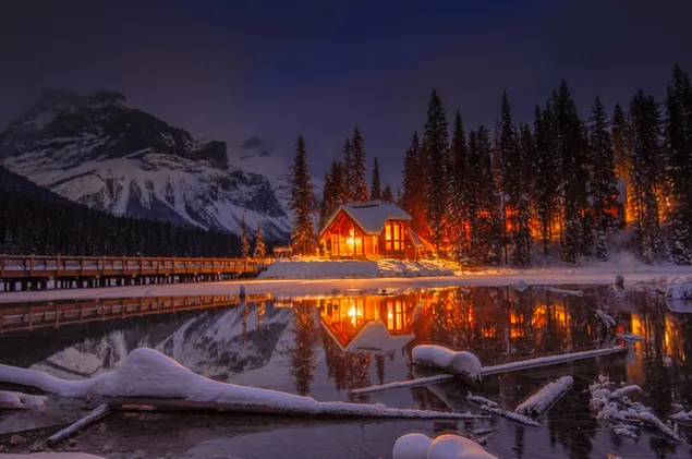 Las luces de la casa de madera por la noche en invierno se reflejan en los árboles
