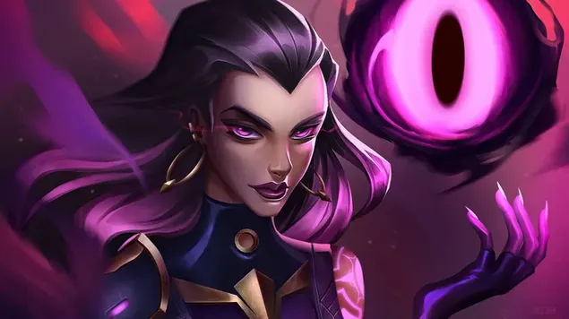 Ταπετσαρία Το βλέμμα του χαρακτήρα του βιντεοπαιχνιδιού Reyna Valorant με τα ροζ μάτια της 4K