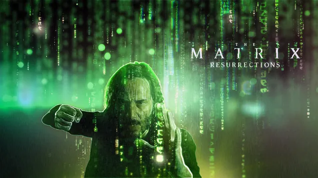 Taustakuva Matrix Resurrections - Keanu Reeves Codes Banner Green 2K