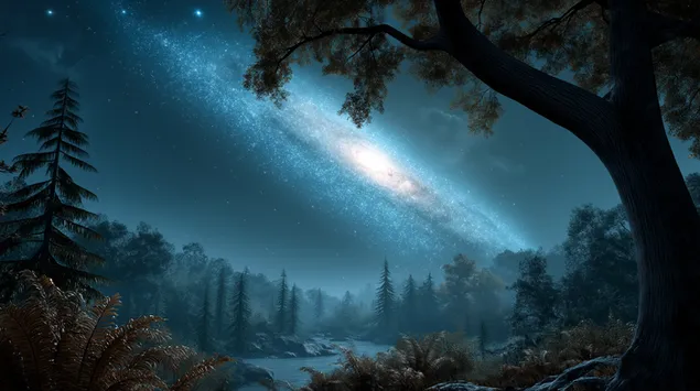 Galaktika e Rrugës së Qumështit e Parë nga një pyll i pastër 2K sfond