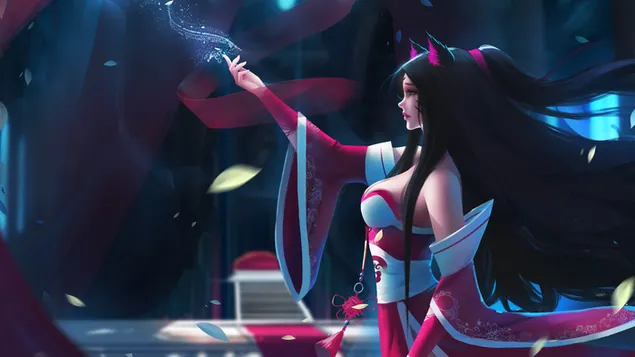 Лисицата со девет опашки „Ахри“ (Фантастична уметност) - Лига на легенди (LOL) 8K тапет