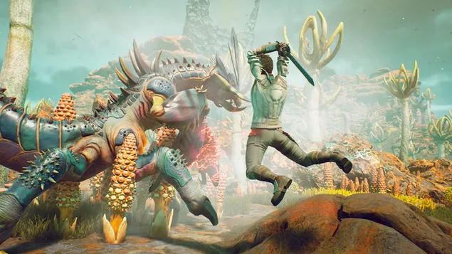 天外世界 - 與廢龍戰鬥 4K 壁紙