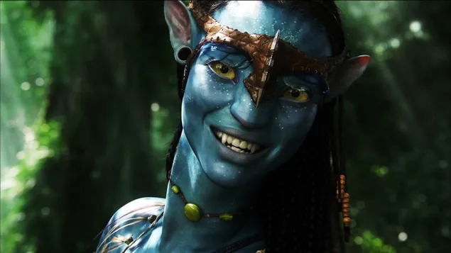 Filmi perfekt me avatar me efekte kompjuterike neytiri qesh me flokët e saj të gjatë 4K sfond