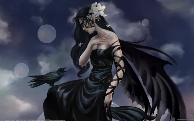La perfecta armonía de la bella mujer del vestido negro y el cuervo. descargar