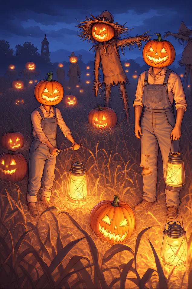 noc zberacov tekvic - strasidelni farmari v tekvicovych maskach zbieraju ziariace tekvice pod hojdajucimi sa lampasmi na hmlistom poli. stiahnut