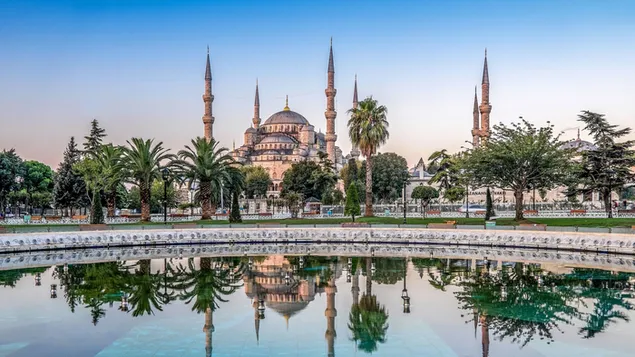 The reflection of the magnificent religious architectural mosque  