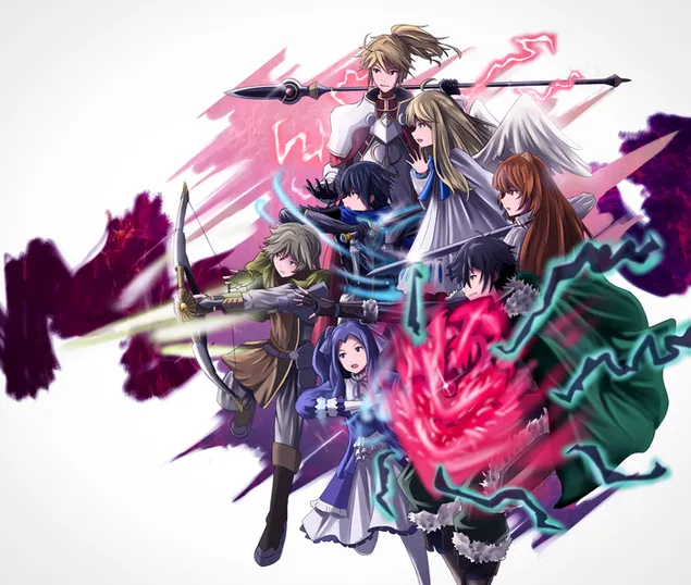 L'ascesa dell'eroe dello scudo - Naofumi Iwatani, Raphtalia, Firo, Ren Amaki, Motoyasu Kitamura, Itsuki Kawasumi e Melty Q Melromarc 4K sfondo