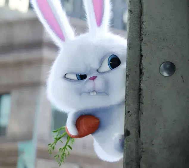 Cuộc sống bí mật của thú cưng phim hoạt hình chú thỏ trắng dễ thương Snowball cầm củ cà rốt nhìn đầy nghi ngờ tải xuống