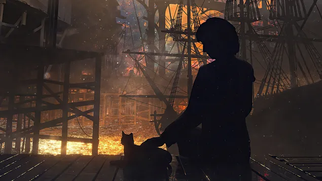 Тень девушки и ее кота в темноте 4K обои