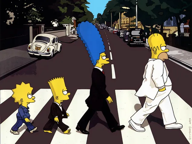 The Simpsons stripfiguren op voetpad 2K achtergrond
