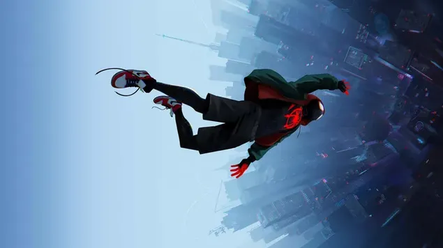 סדרת Spider-Verse שמסתובבת בעיר קופצת לתוך העיר בערפל עם נעלי הספורט שלו 8K טפט