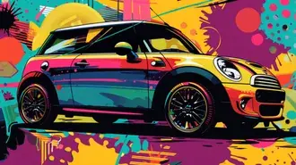 Tapeta Nadčasová elegance a nezapomenutelné kouzlo klasického vozu Mini Cooper s pop-artovým pozadím 8K