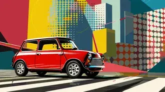 Tapeta Nezaměnitelný půvab a vintage přitažlivost klasického vozu Mini Cooper s pop-artovým pozadím 8K