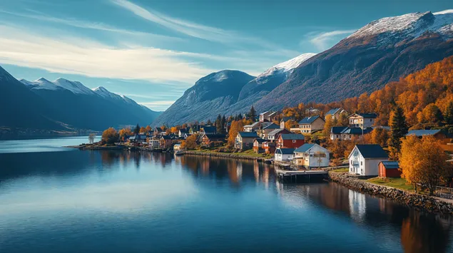 prezemete pogledot na gradskite kukji se reflektirashe vo vodata megju planinite