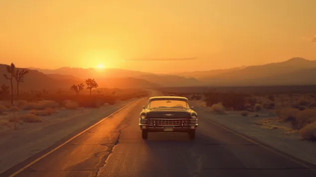 De vintage Cadillac-reis op Route 66 8K achtergrond