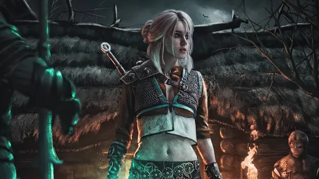 The Witcher 3: Wild Hunt, ein Kampfschwert auf dem Rücken der Anime-Girl-Figur aus der Videospielserie herunterladen