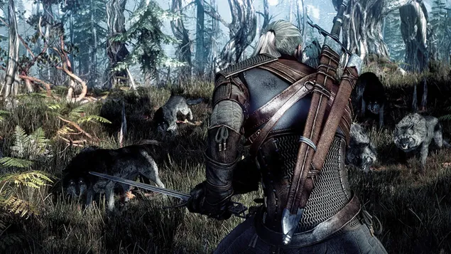 The Witcher 3 - Wild Hunt (Geralt fighting with wolves) 2K wallpaper
