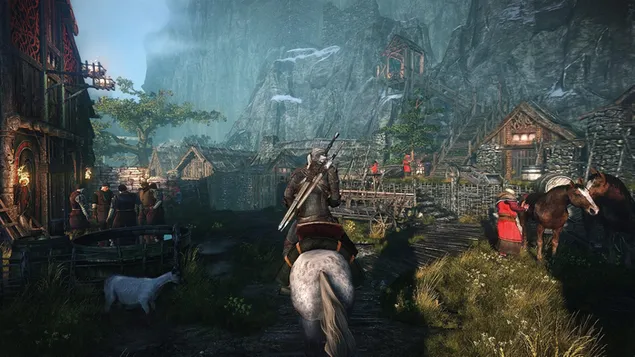 Witcher 3 - Wild Hunt (마을의 Geralt) 2K 배경화면