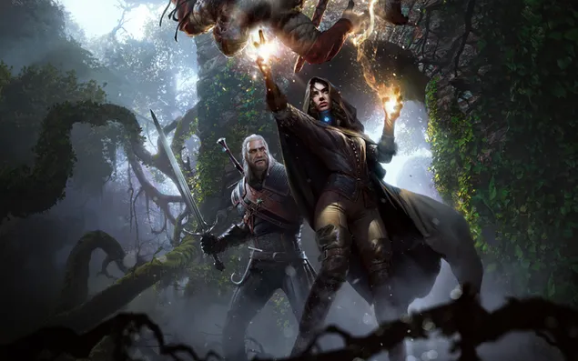 The Witcher 3 - Wild Hunt (Geralt of Rivia and fire enchantress) 2K wallpaper