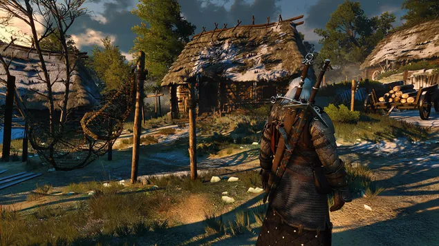 The Witcher 3 - Wild Hunt (Geralt of Rivia in het dorp) 2K achtergrond