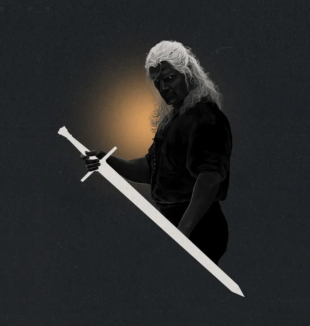 Sepanduk hitam dan putih watak Witcher dengan pedang 8K kertas dinding