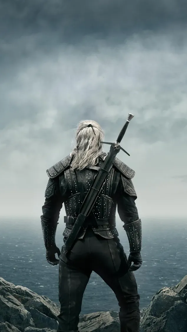 Karakter seri Witcher mengenakan gaun hitam dan membawa pedang di punggungnya unduhan