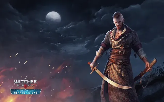 The Witcher video game warrior character holding sword in front of cloud and moon view backdrop