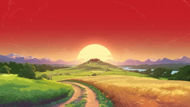 El maravilloso dibujo del camino de tierra y las plantas bajo el cielo pintado en un rojo solar es fascinante.