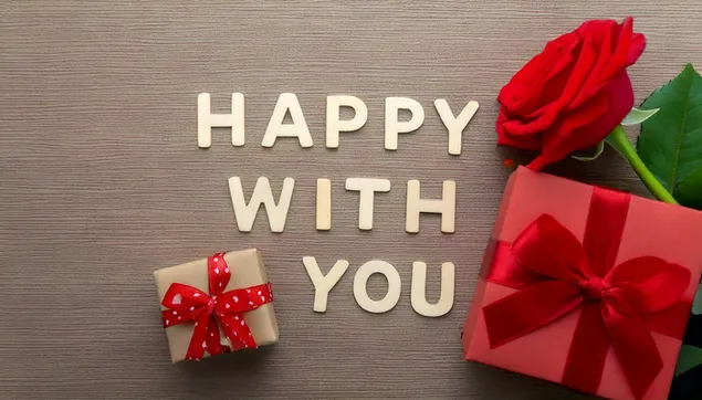 Ordet "lycklig med dig" med gåva och blomma 2K bakgrund