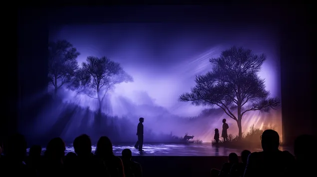 Pentas Teater dengan Siluet Orang dan Hutan 2K kertas dinding
