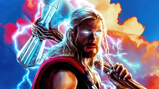 Thor: Love and Thunder (Marvel) - Thor (Chris Hemsworth) duke mbajtur Stormbreaker 4K sfond