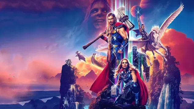 Thor: Love and Thunder - Natalie Portman, Chris Hemsworth, Christian Bale, Tessa Thompson 4K achtergrond