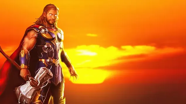 Thor Qëndron përballë perëndimit të bukur të diellit 4K sfond