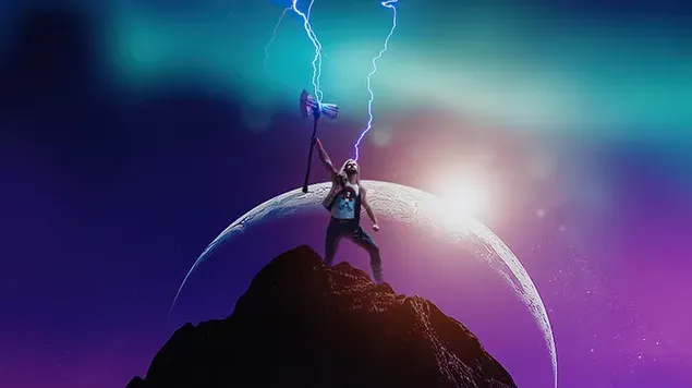 Thor usando su poder de trueno con Stormbreaker