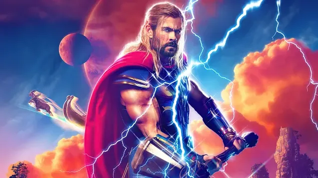 thor me stormbreaker-in e tij dhe super dhite e tij qe fluturojne pas tij shkarkim